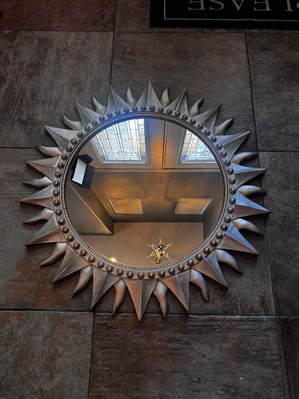 French Sunburst Mirror in Patinated Metal, Style of Line Vautrin For Sale at , ,